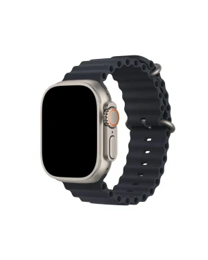 Silver smartwatch with black ocean silicone band and orange crown button