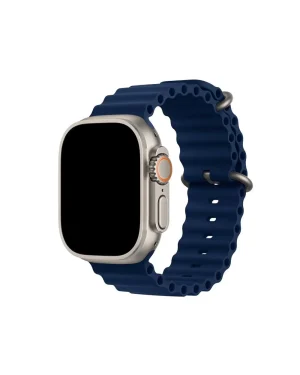 Smartwatch with silver case and navy blue ocean band with orange dial