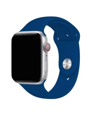Silver smartwatch with ocean blue sport band and digital crown