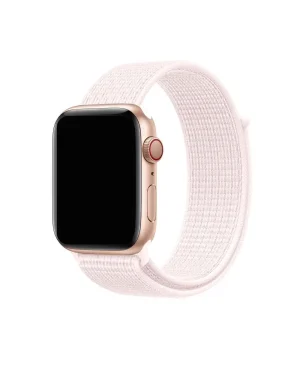 Rose gold Apple Watch with pearl pink nylon sport loop band