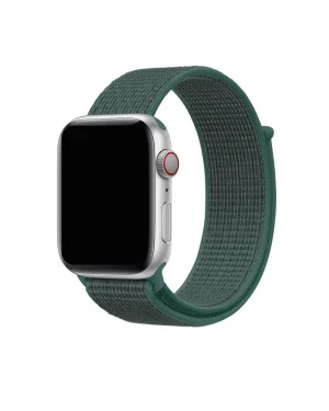 Silver Apple Watch with pine green fabric sport loop band