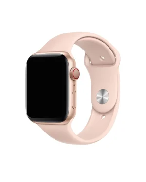 Pink sand sport band smartwatch with digital display and red crown button