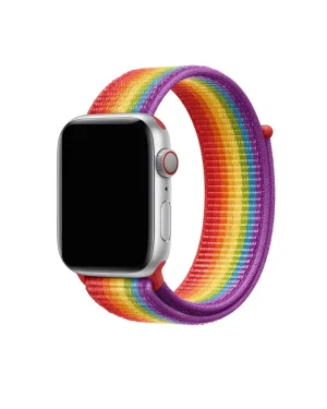 Apple Watch with silver aluminum case and rainbow Pride Sport Loop band
