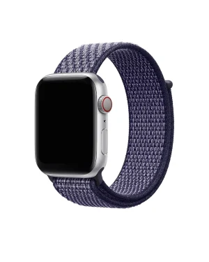 Apple Watch silver case with purple sport loop fabric band