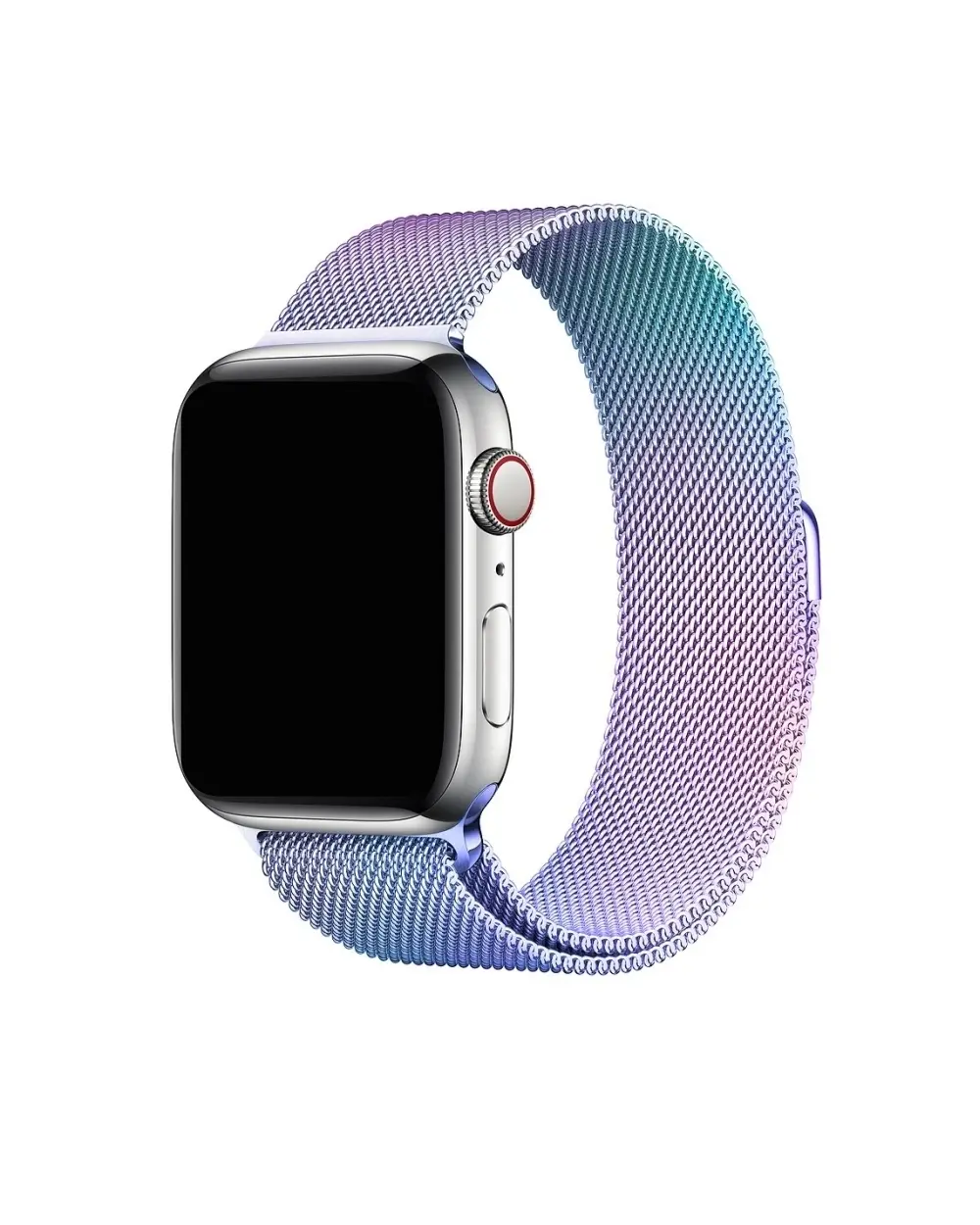 Silver smartwatch with rainbow gradient Milanese mesh loop band
