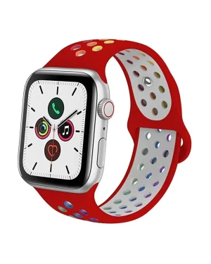 Red and gray perforated sport band for smartwatch with colorful ventilation holes
