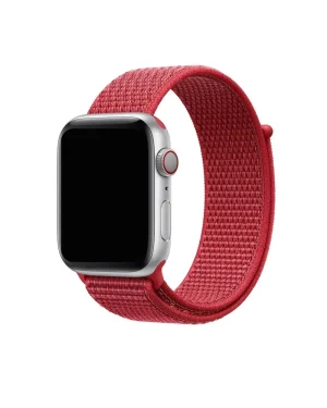 Silver aluminum Apple Watch with red fabric sport loop band
