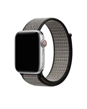 Apple Watch silver aluminum with gray sport loop band and red digital crown