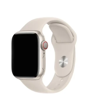 White sport band Apple Watch with starlight aluminum case and digital crown
