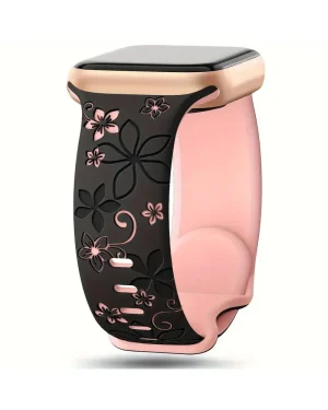 Sakura floral sport band for smartwatch with black and pink silicone design