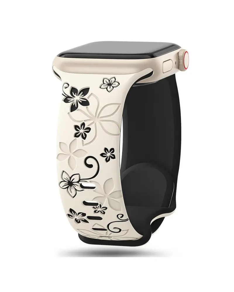 Floral patterned smartwatch band in cream and black with decorative flowers