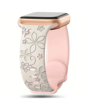 Pink floral smartwatch band with rose gold connector and black watch face