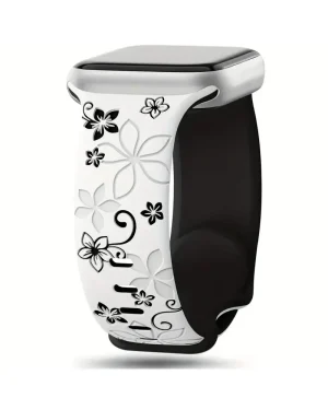 Floral smartwatch band white black with decorative flower vine design pattern