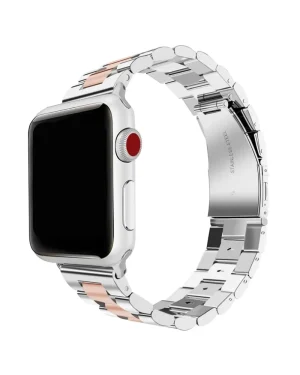 Stainless steel smartwatch with black dial and rose gold metal band