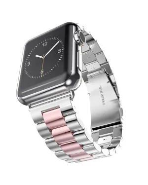 Stainless steel smartwatch band with silver and rose pink links