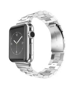 Silver stainless steel smartwatch with rectangular face and metal band