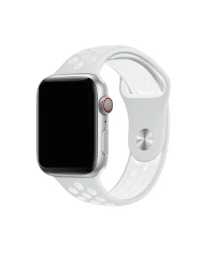 Silver Apple Watch with white sport band and red digital crown button