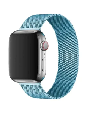 Smartwatch with sky blue woven mesh band and stainless steel case