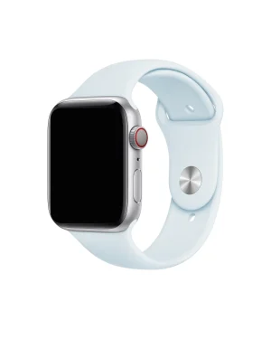 Silver aluminum smartwatch with sky blue sport band and red digital crown