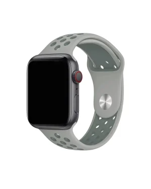 Smart watch with gray sport band and red digital crown on display