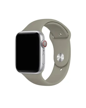 Silver Apple Watch with stone gray sport band and red digital crown