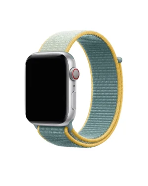 Apple Watch silver aluminum case with yellow and blue sport loop band