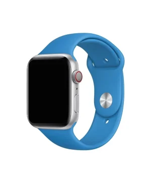 Silver Apple Watch with Surf Blue sport band and red digital crown