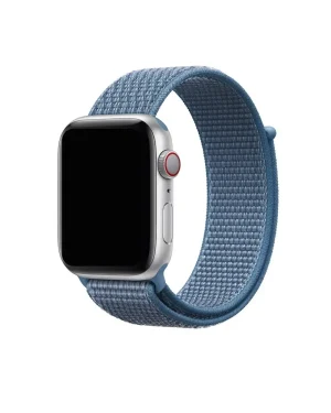 Silver Apple Watch with blue woven sport loop band and red digital crown