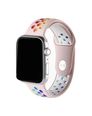 Pink sport band for Apple Watch with colorful rainbow pride holes