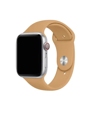 Silver aluminum smartwatch with walnut tan sport band and red crown