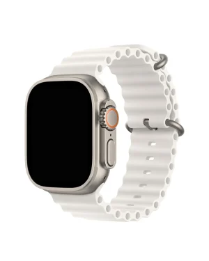 White silicone ocean band smartwatch with titanium case and orange accent button