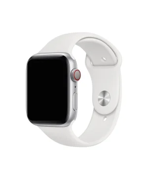 Silver aluminum smartwatch with white sport band and red digital crown