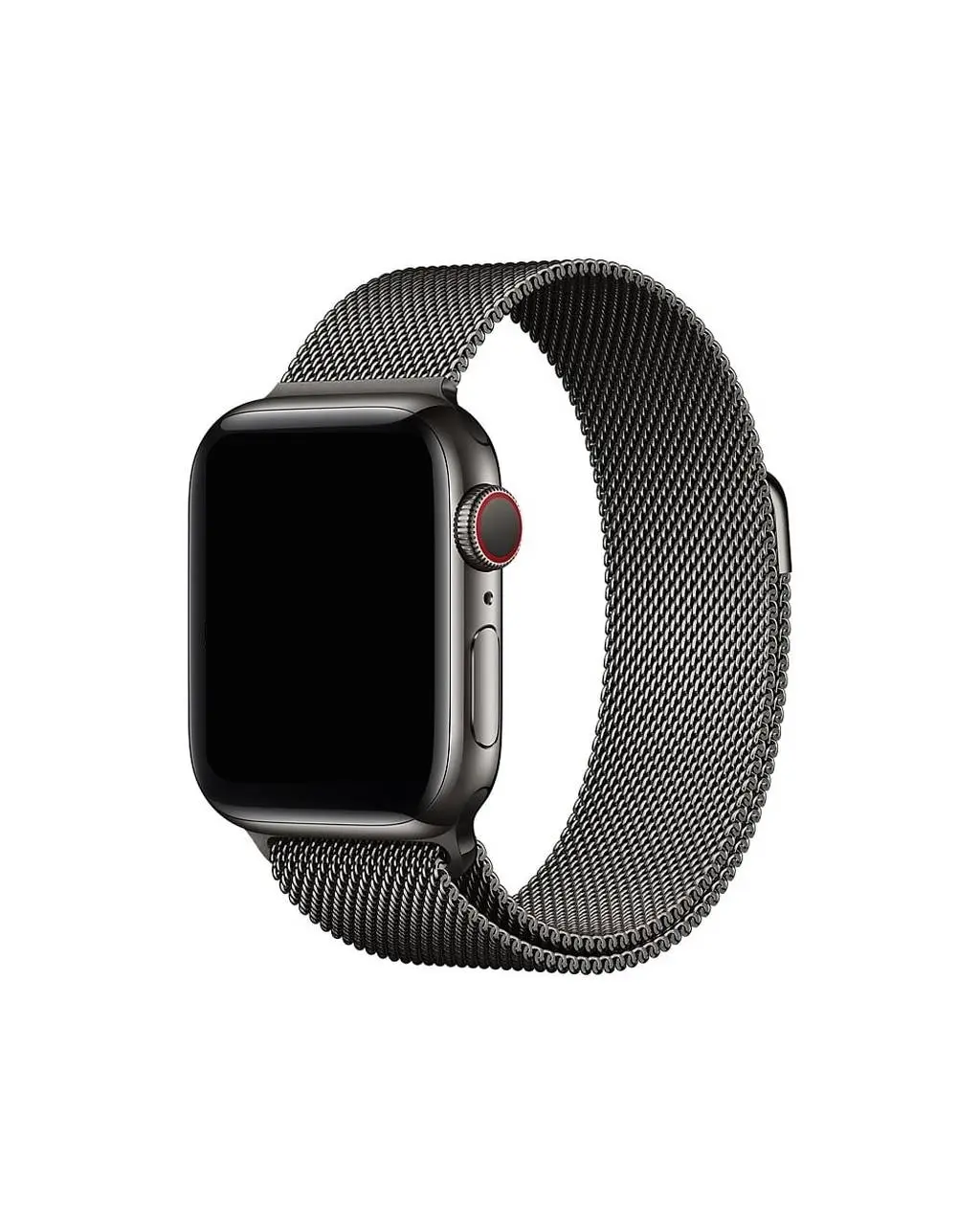 Black stainless steel smartwatch with graphite Milanese loop mesh band