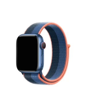 Blue smartwatch with navy and coral sport loop nylon band