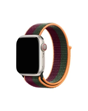 Apple Watch with colorful sport loop band in dark cherry, forest green and orange