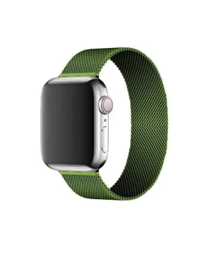 Green Milanese loop mesh smartwatch band with silver stainless steel case