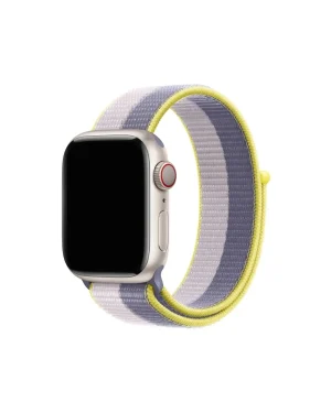 Apple Watch with lavender sport loop band, striped nylon strap design