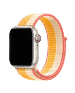 Apple Watch with colorful maize white sport loop band featuring pink accents