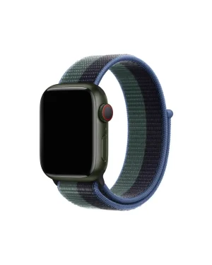 Green smartwatch with blue woven sport loop band and red digital crown
