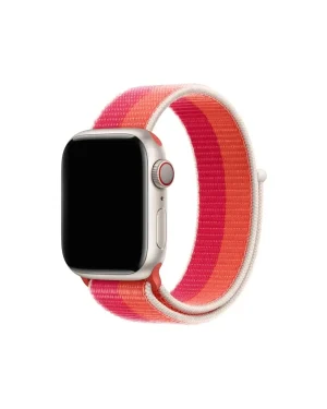 Apple Watch with pink orange nectarine sport loop band and red digital crown
