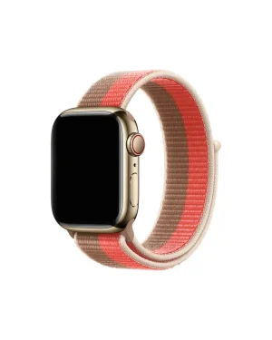 Gold smartwatch with pink and tan striped sport loop band