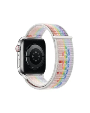 Apple Watch Series 7 silver case with rainbow Pride Edition sport loop band