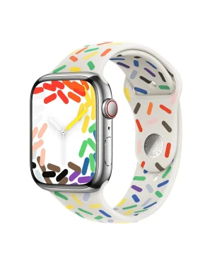 Apple Watch Pride Sport Band with colorful rainbow dash pattern on white