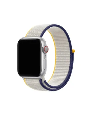 Apple Watch silver aluminum case with navy, cream, and yellow sport loop band