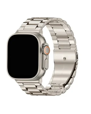 Stainless steel smartwatch with silver metal band and orange digital crown