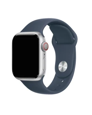 Silver smartwatch with storm blue sport band and red digital crown
